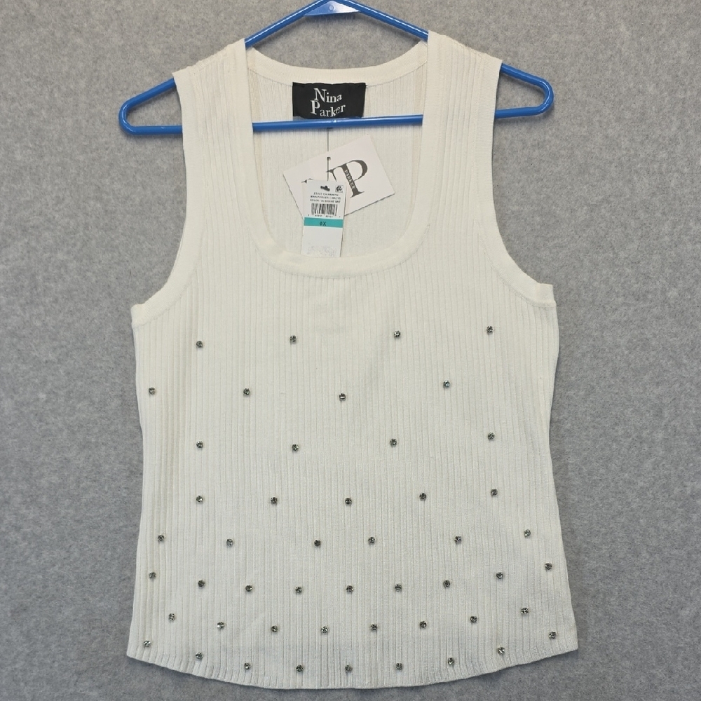 Nina Parker Ribbed Studded Tank Top Women’s 0X White Embellished NWT